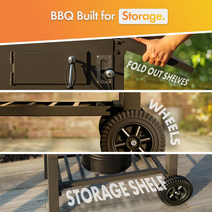Barbecue fumoir à charbon de bois avec thermomètre, tablettes latérales et étagère de rangement