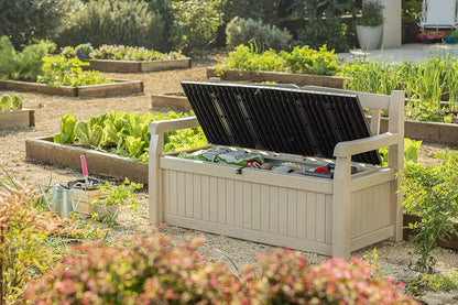 Banc de rangement extérieur 265L avec rangement dissimulé et conception résistante aux intempéries