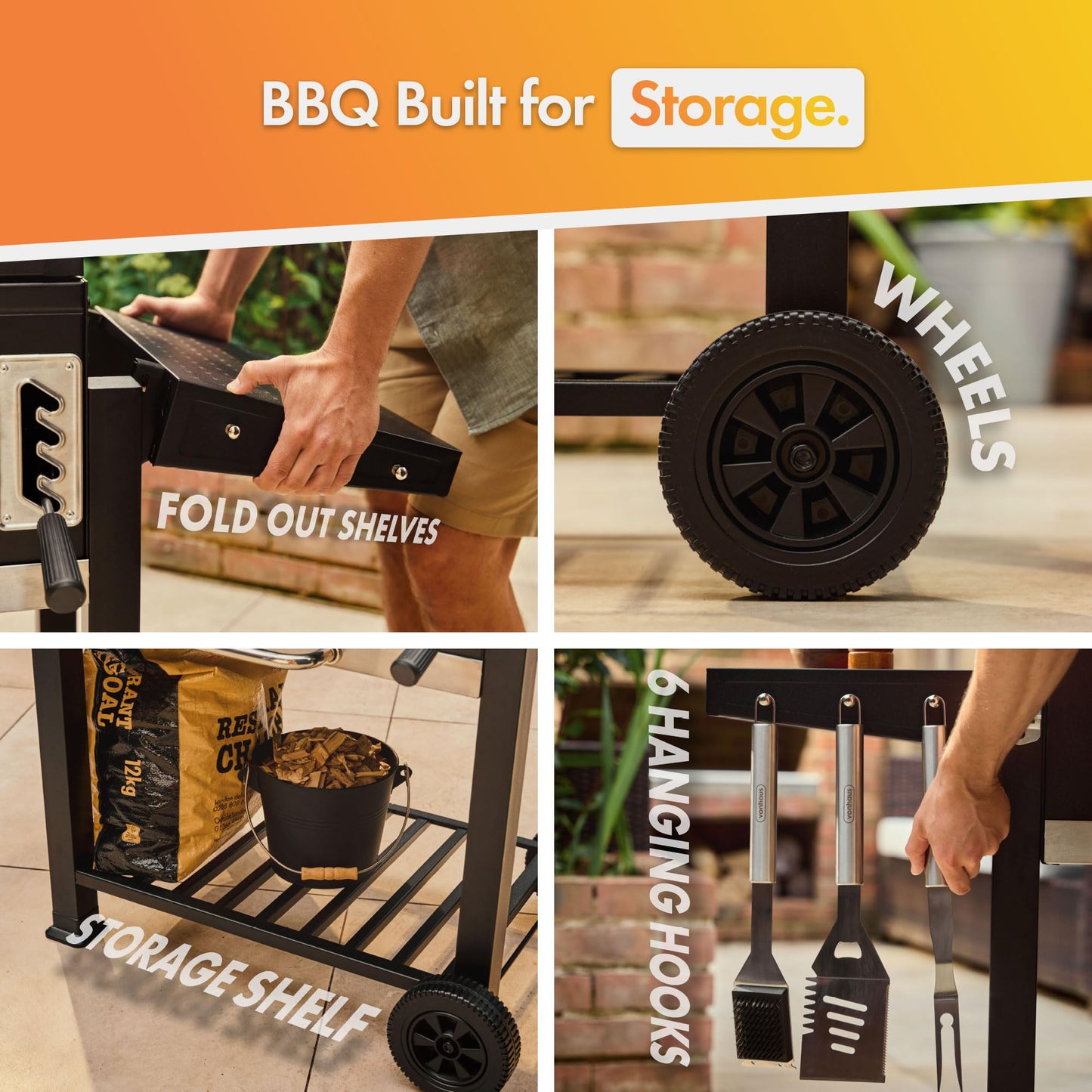 Barbecue XL au charbon de bois avec fumoir, grilles en fonte, tablettes latérales et grille de maintien au chaud