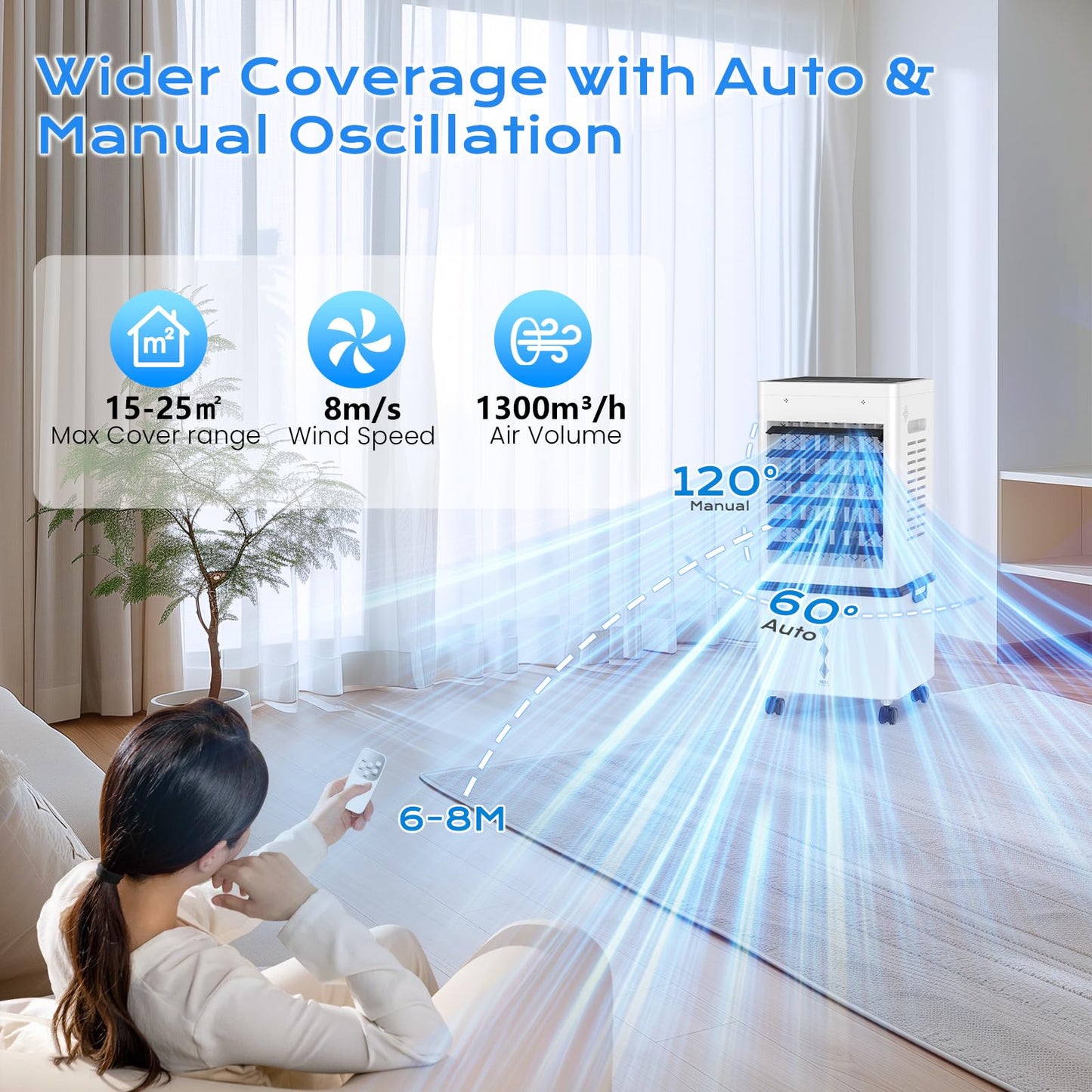Refroidisseur d'air évaporatif portable avec réservoir de 12 L, télécommande et minuterie