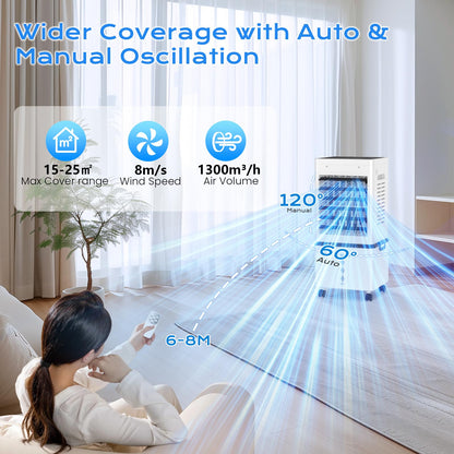 Refroidisseur d'air évaporatif portable avec réservoir de 12 L, télécommande et minuterie