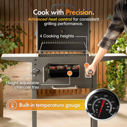Barbecue fumoir à charbon de bois avec thermomètre, tablettes latérales et étagère de rangement