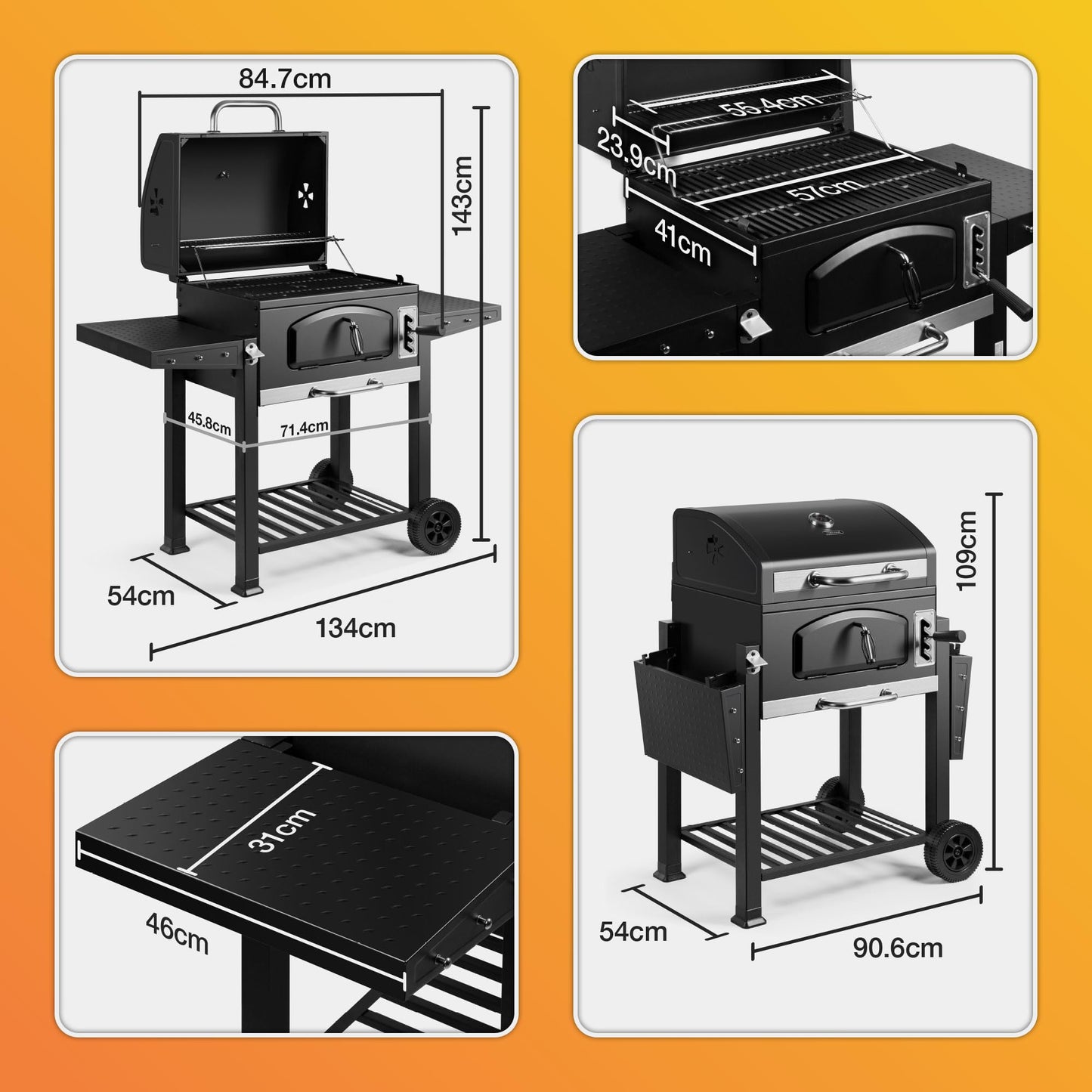 Barbecue XL au charbon de bois avec fumoir, grilles en fonte, tablettes latérales et grille de maintien au chaud