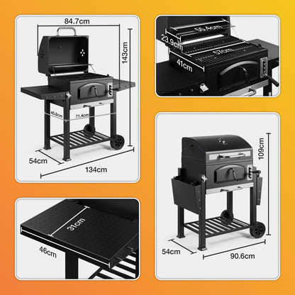 Barbecue XL au charbon de bois avec fumoir, grilles en fonte, tablettes latérales et grille de maintien au chaud