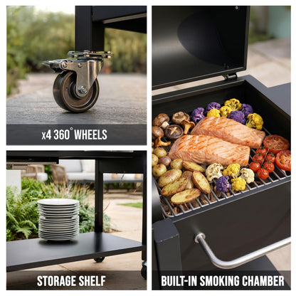 Barbecue hybride gaz et charbon de bois avec fumoir, brûleur latéral et housse de protection