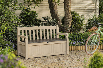 Banc de rangement extérieur 265L avec rangement dissimulé et conception résistante aux intempéries