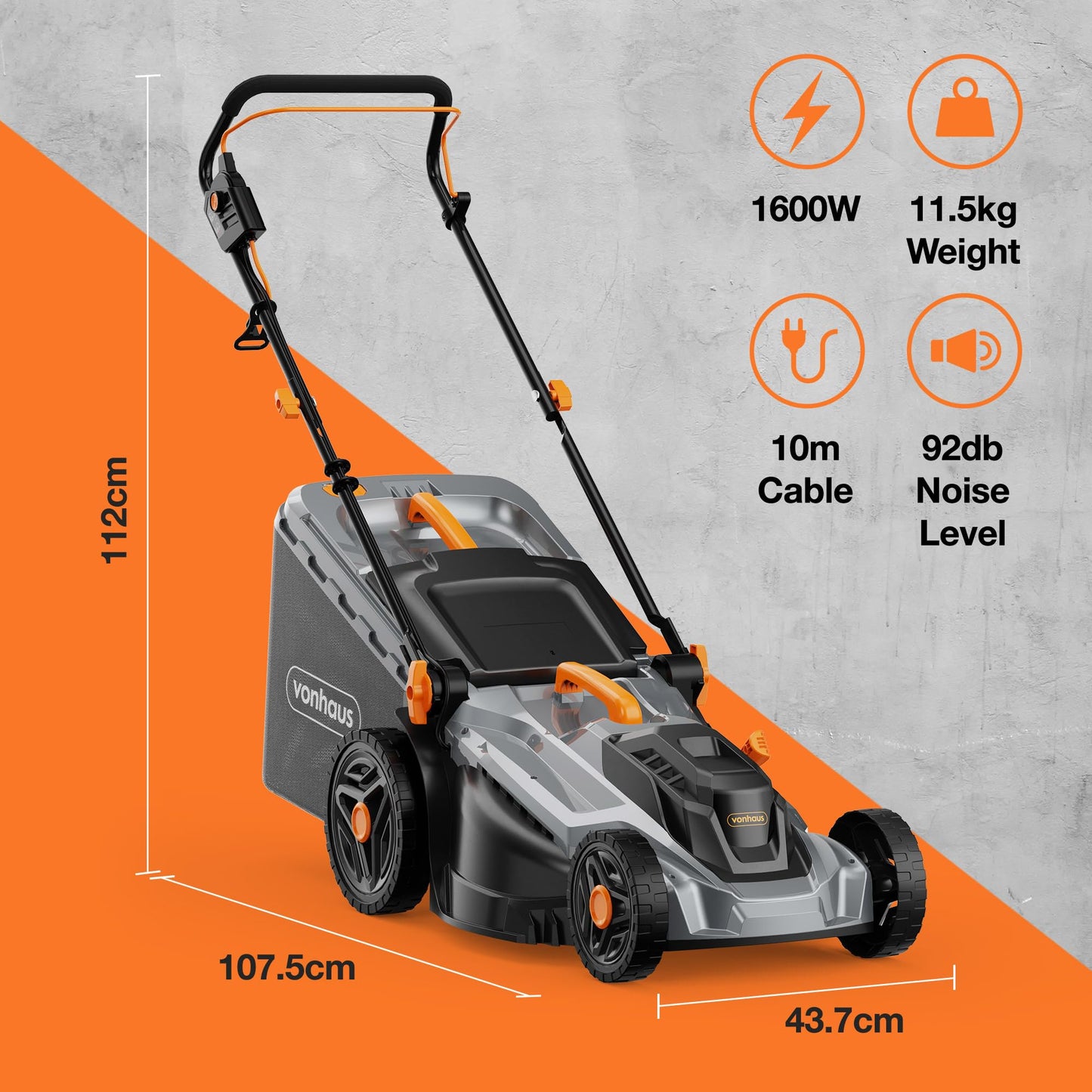 Tondeuse à gazon électrique 1600W avec bac de ramassage 42L et hauteurs de coupe réglables