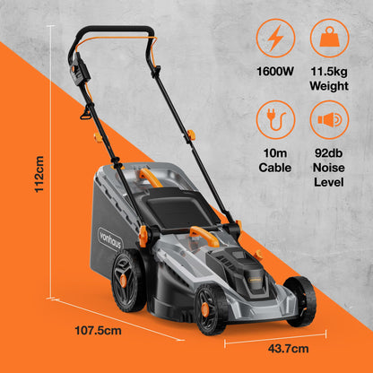 Tondeuse à gazon électrique 1600W avec bac de ramassage 42L et hauteurs de coupe réglables