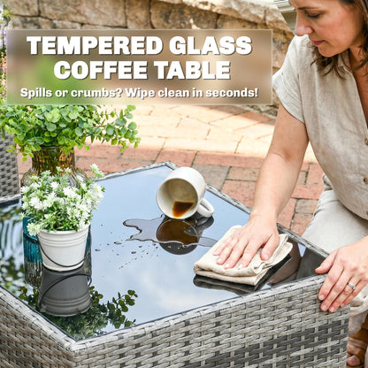 Ensemble de canapé d'angle en rotin 8 pièces avec coussins et table basse en verre