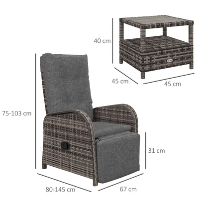 Ensemble de bistrot de jardin 3 pièces en rotin avec chaises inclinables et table basse