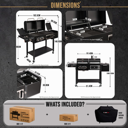 Barbecue hybride gaz et charbon de bois avec fumoir, brûleur latéral et housse de protection