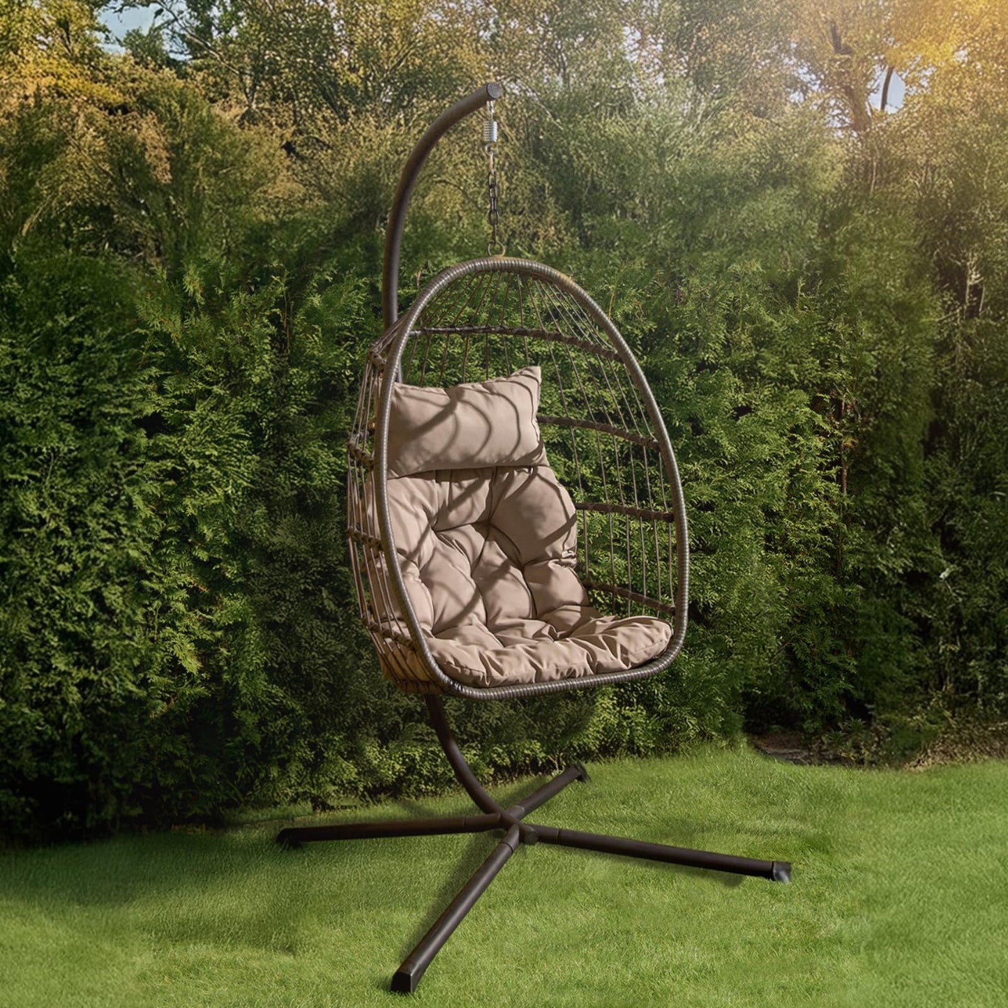 Fauteuil suspendu œuf avec support, coussin et panier en rotin pliable