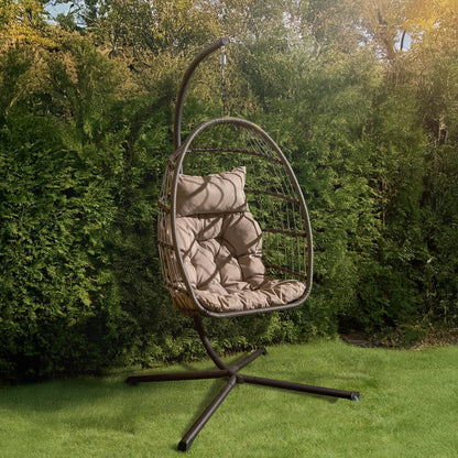 Fauteuil suspendu œuf avec support, coussin et panier en rotin pliable