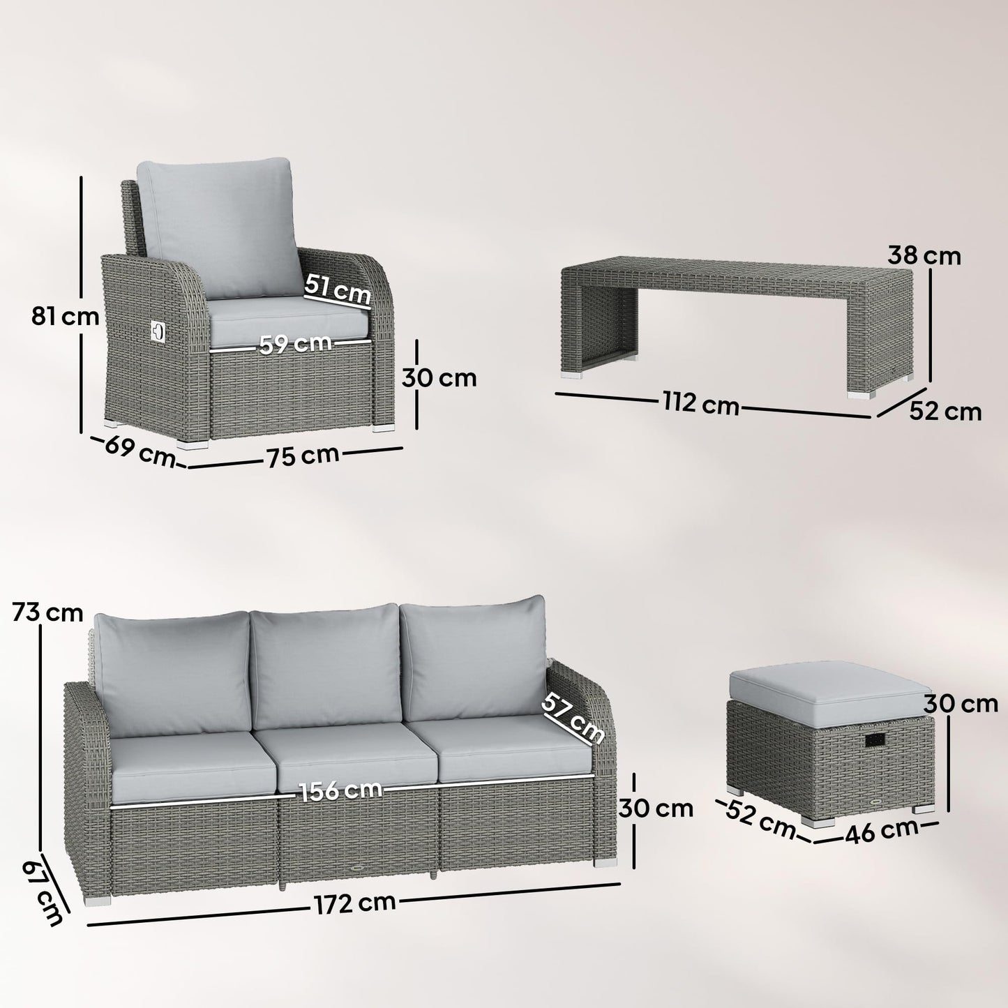 Salon de jardin 7 places en rotin avec chaises inclinables, poufs et table basse