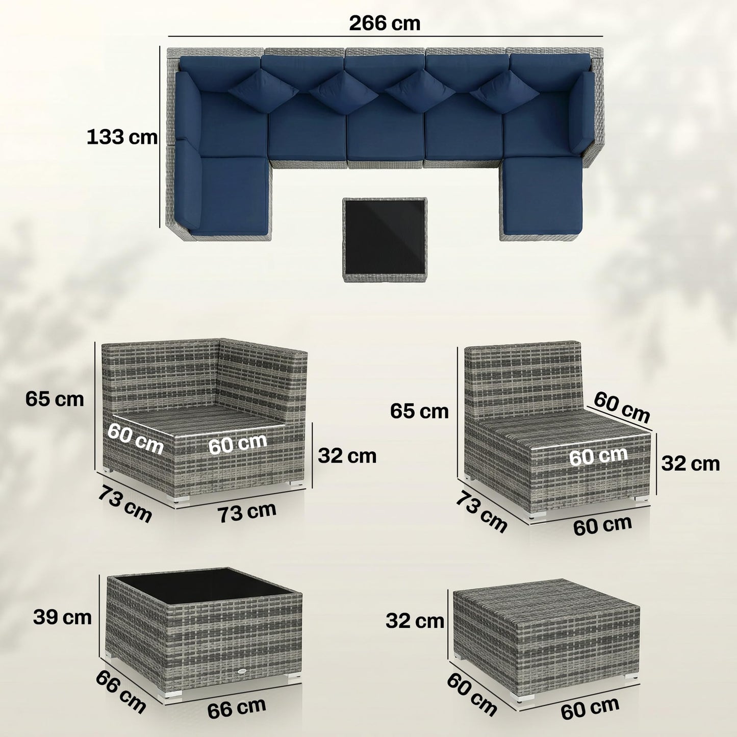 Ensemble de canapé d'angle en rotin 8 pièces avec coussins et table basse en verre