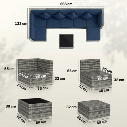 Ensemble de canapé d'angle en rotin 8 pièces avec coussins et table basse en verre
