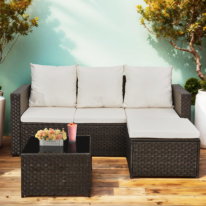 Canapé d'angle en rotin 3 places avec table basse et coussins