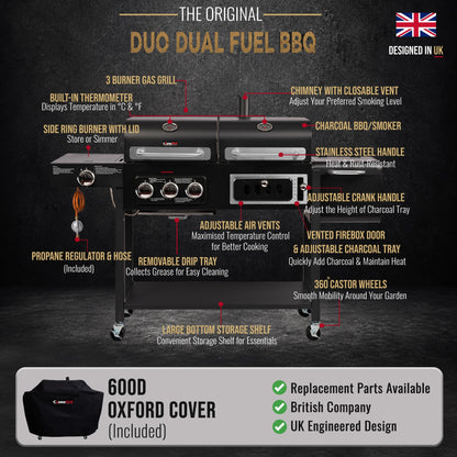 Barbecue hybride gaz et charbon de bois avec fumoir, brûleur latéral et housse de protection