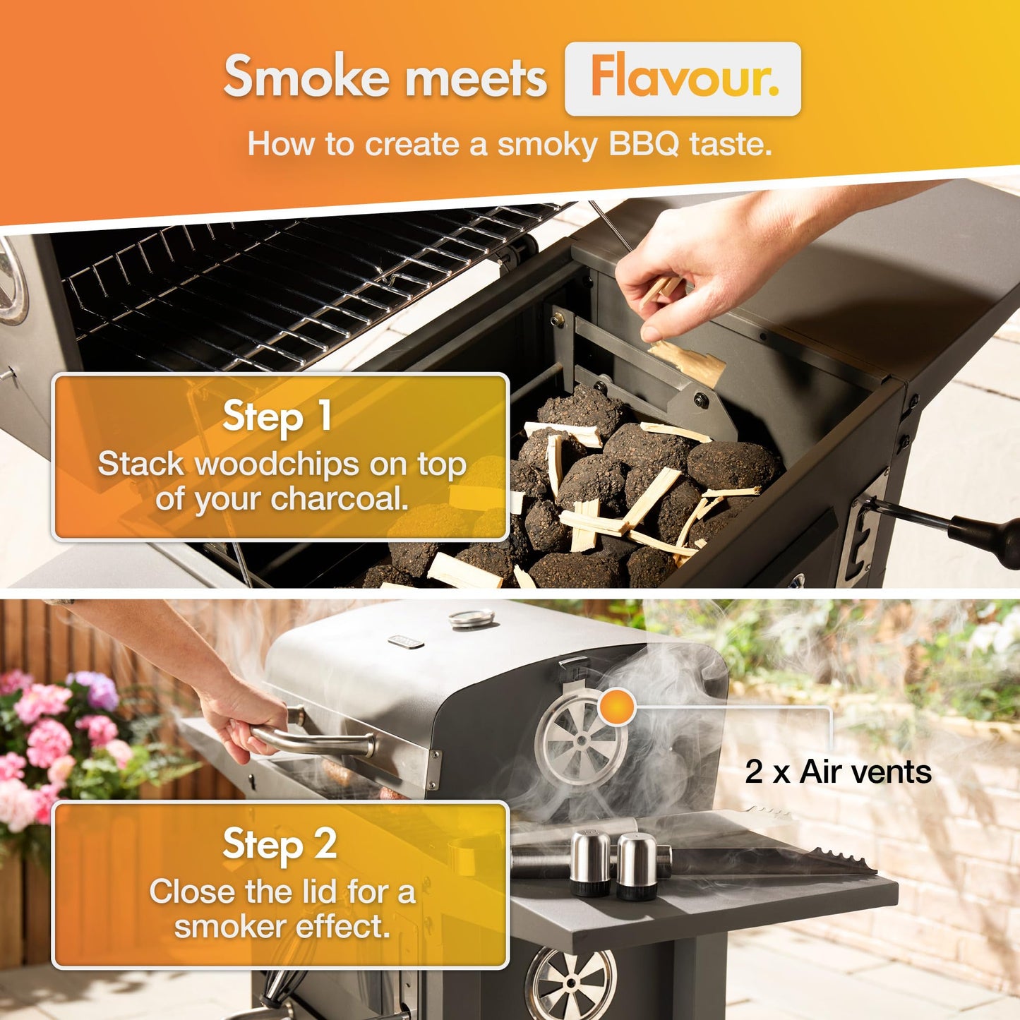 Barbecue fumoir à charbon de bois avec thermomètre, tablettes latérales et étagère de rangement