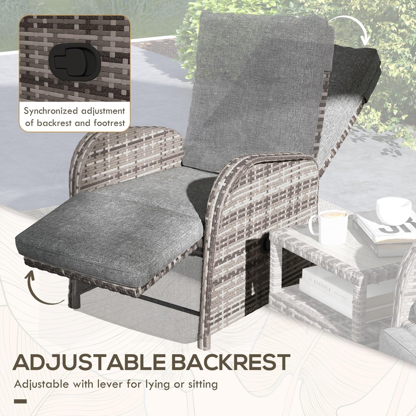 Ensemble de bistrot de jardin 3 pièces en rotin avec chaises inclinables et table basse