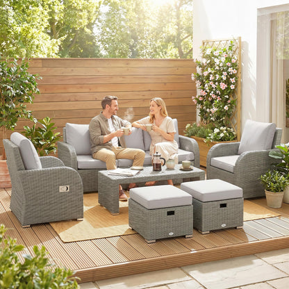 Salon de jardin 7 places en rotin avec chaises inclinables, poufs et table basse