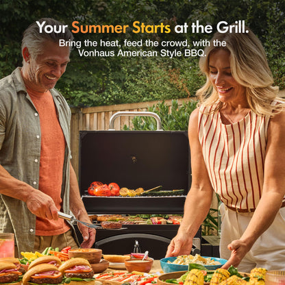 Barbecue XL au charbon de bois avec fumoir, grilles en fonte, tablettes latérales et grille de maintien au chaud