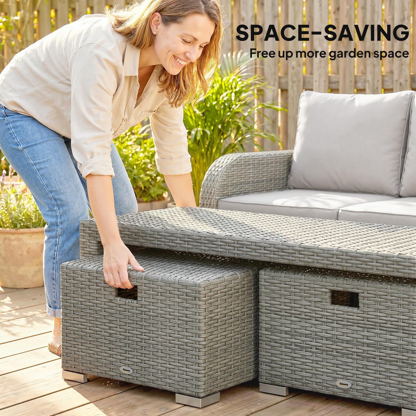 Salon de jardin 7 places en rotin avec chaises inclinables, poufs et table basse