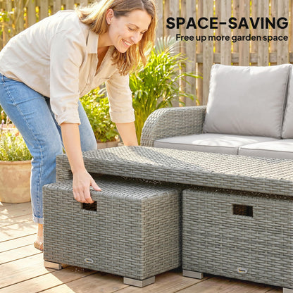 Salon de jardin 7 places en rotin avec chaises inclinables, poufs et table basse