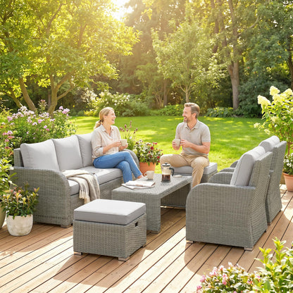 Salon de jardin 7 places en rotin avec chaises inclinables, poufs et table basse