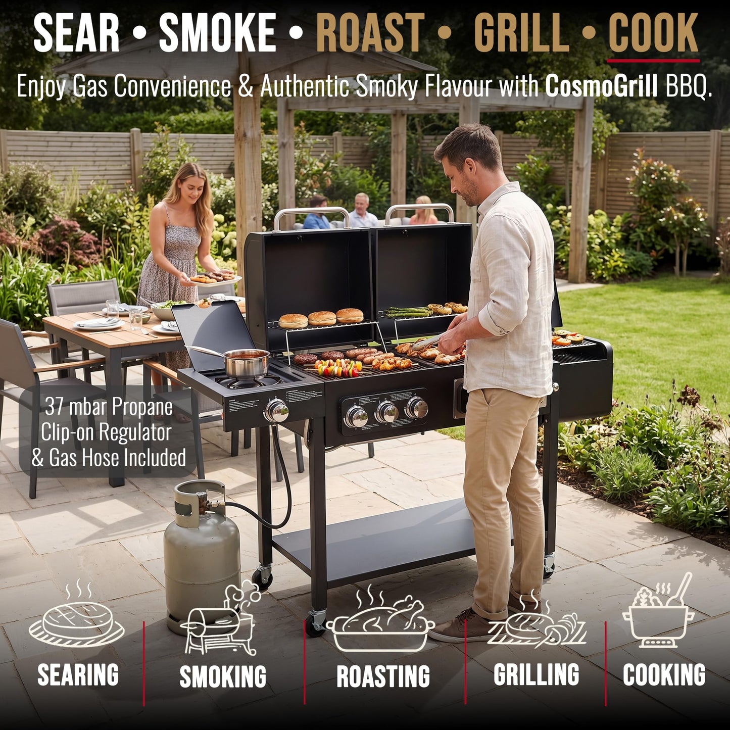 Barbecue hybride gaz et charbon de bois avec fumoir, brûleur latéral et housse de protection