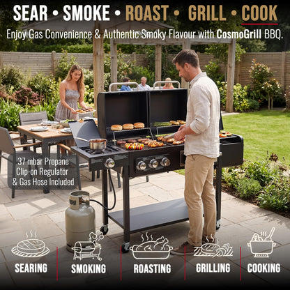 Barbecue hybride gaz et charbon de bois avec fumoir, brûleur latéral et housse de protection