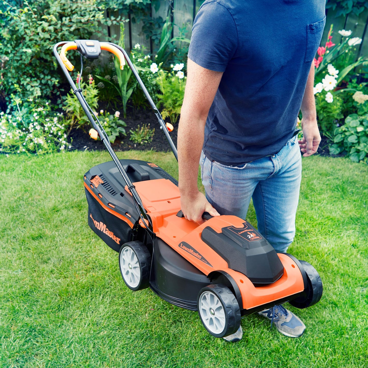 Tondeuse à gazon sans fil 24V avec batterie, chargeur rapide et rouleau arrière