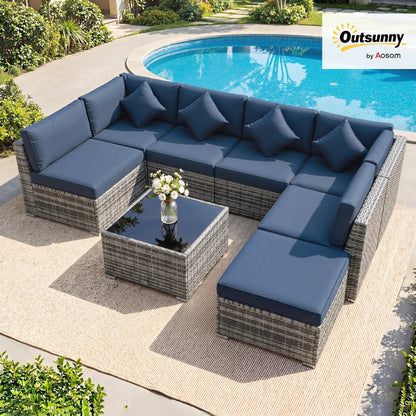 Ensemble de canapé d'angle en rotin 8 pièces avec coussins et table basse en verre