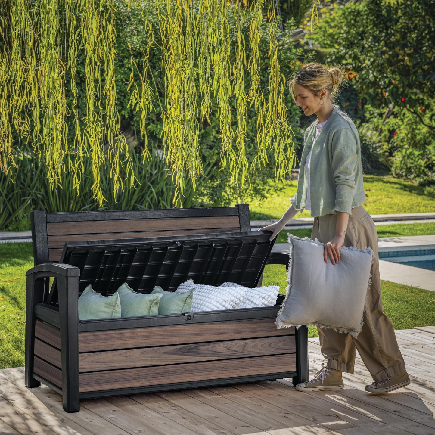 Banc de rangement d'extérieur de jardin 227 L avec rangement intégré et 2 places assises