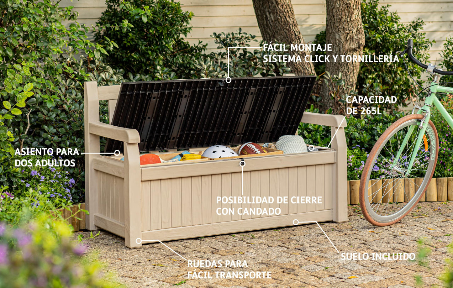 Banc de rangement extérieur 265L avec rangement dissimulé et conception résistante aux intempéries