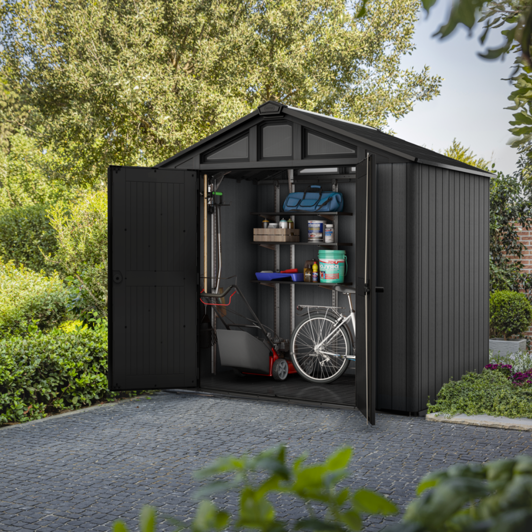 Abri de jardin Keter Stronghold 8x6 pi. en résine, aspect bois gris