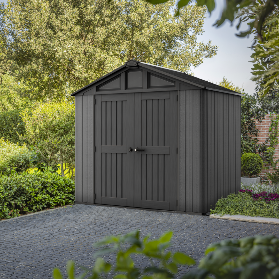 Abri de jardin Keter Stronghold 8x6 pi. en résine, aspect bois gris